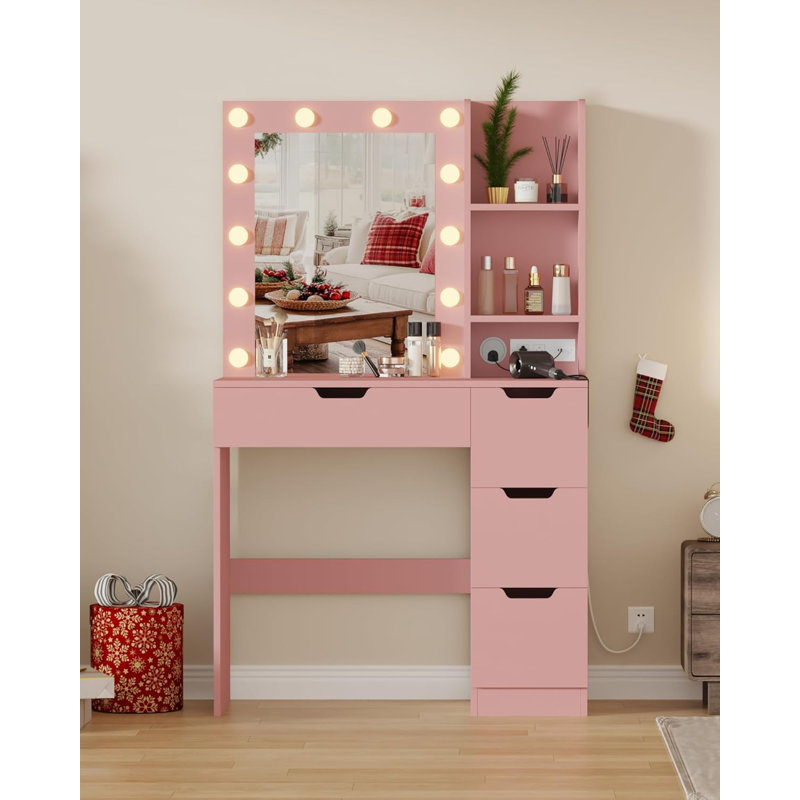 Bureau de coiffeuse avec miroir et prise de courant, 3 coiffeuses avec 4 tiroirs et 12 ampoules, coiffeuse moderne pour la chambre à coucher