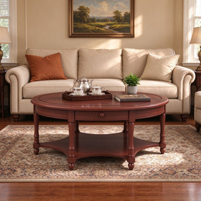 45 INCH Vintage Oval Coffee Table, With Drawer & Storage Shelf, For Living Room, Cherry