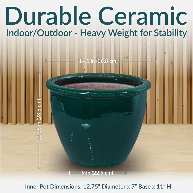 Jardinière ronde en céramique Berlina Imperial - vert foncé - 14,5 po, H 11,25 po x l 14,5 po x P 14,5 po, Vert foncé