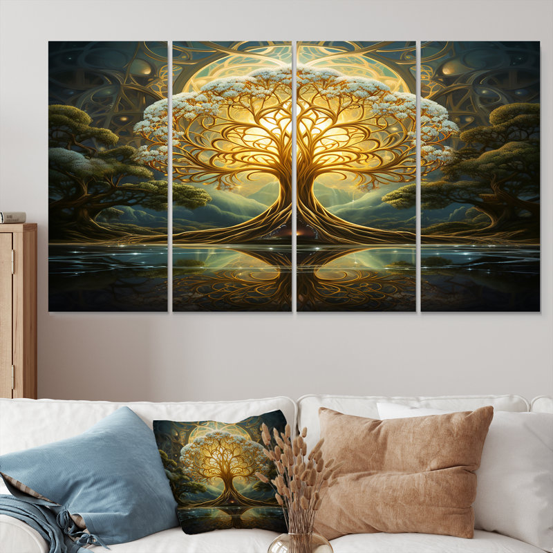 Arbre magique de la vie à la pleine lune magique, art mural chêne, 4 pièces, H 32 po x l 64 po