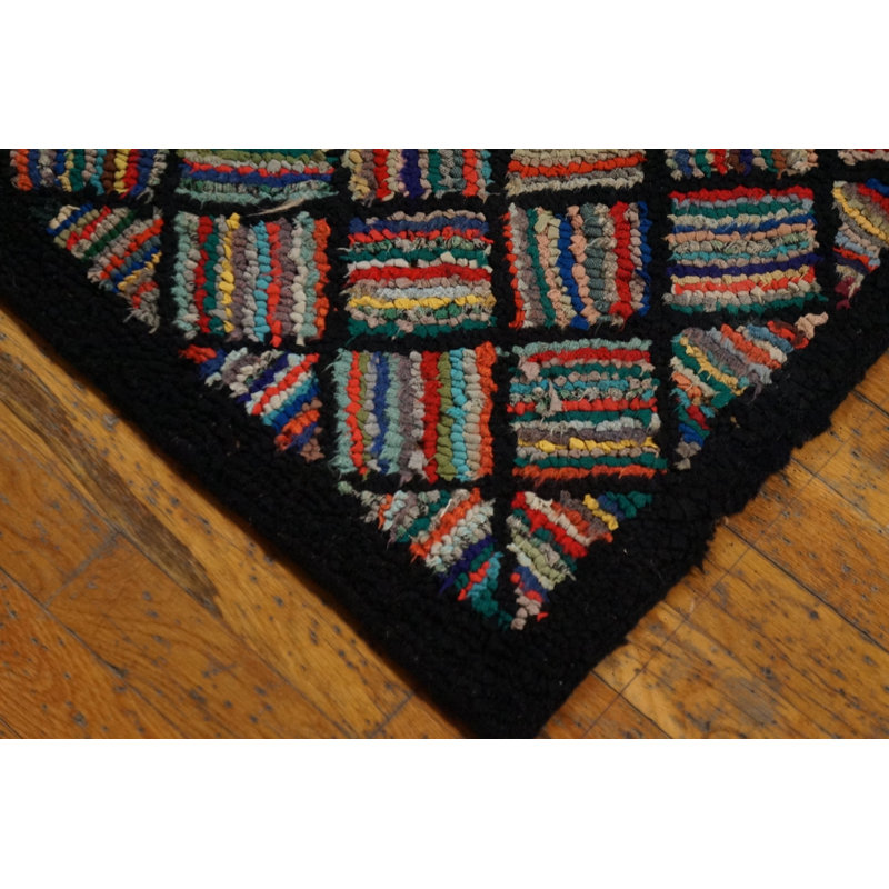 Antique American Folk Art Basket Weave Design Hooked Rug