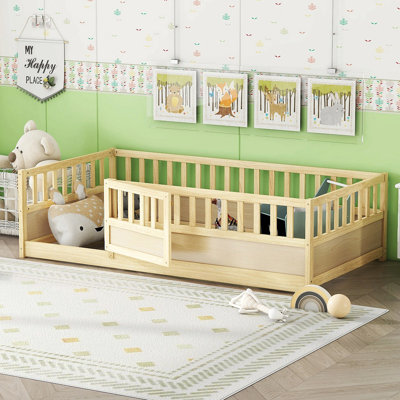 Floor Bed, Integral Construction With Super High Security Barrier, Door, Children's Floor Bed Frame, Montessori Wooden Children's Floor Bed