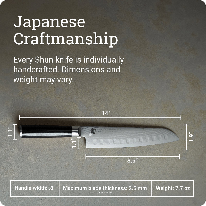Couteau de santoku Shun Classic de 8,5 po Shun Classic, couteau japonais fabriqué à la main, noyau VG-MAX avec revêtement en acier inoxydable de Damas, poignée de Pakkawood