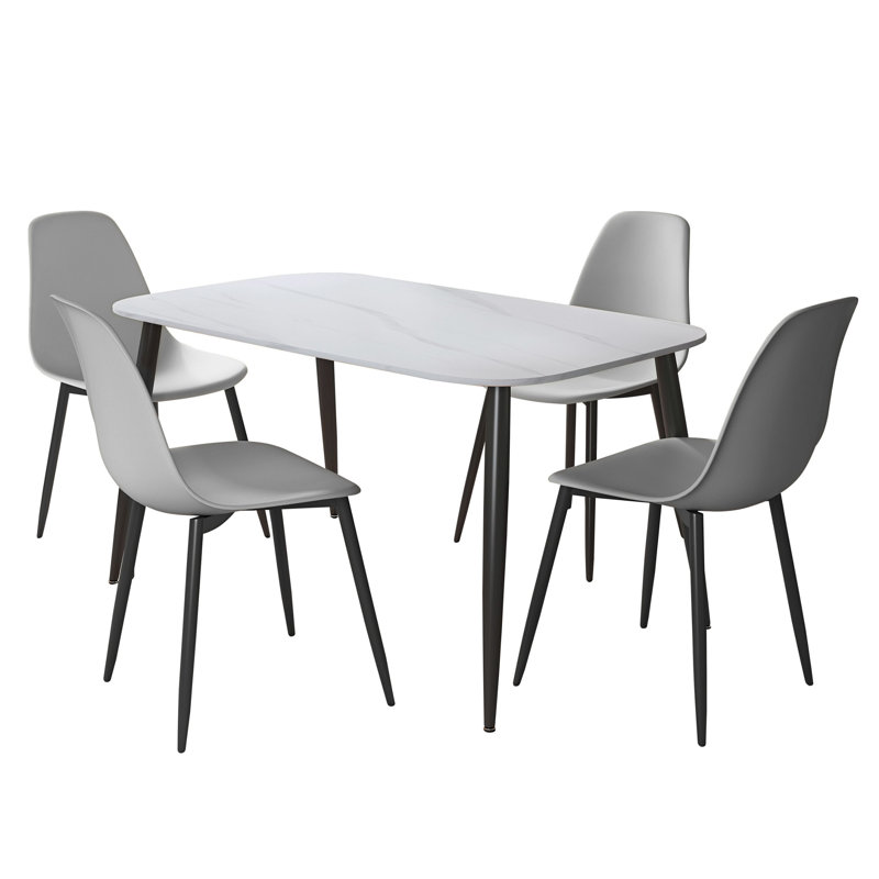 Aspen Gloss White Sintered Stone Rectangular Table and 4 Curve Plastic Chairs - Modern Dining Set, Grey