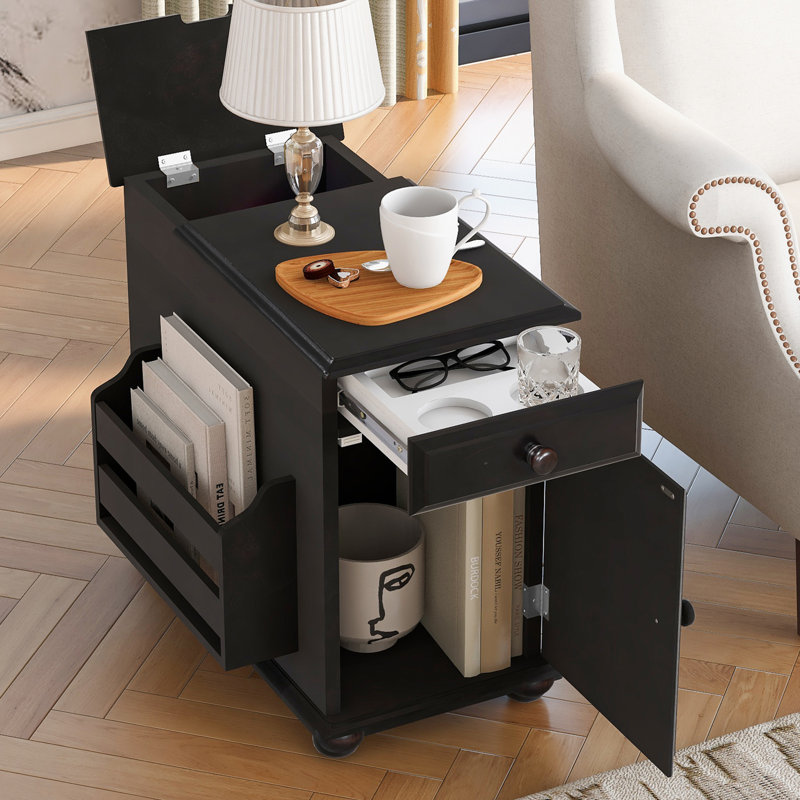 Table d'appoint à plateau rabattable avec ports USB, un tiroir multifonctionnel avec porte-gobelets, Espresso