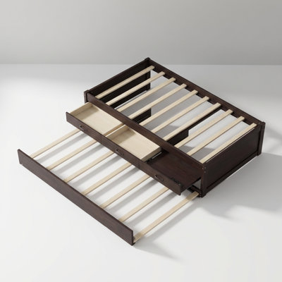 Modern Twin-Size Platform Bed with Pull-Out Trundle, Integrated Power Strip, and Dual Storage Drawers for Space-Saving and Organized Living