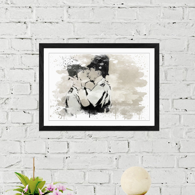 Kissing Police Policeman Graffiti - Wall Art, 45cm H x 62cm W, Framed Picture