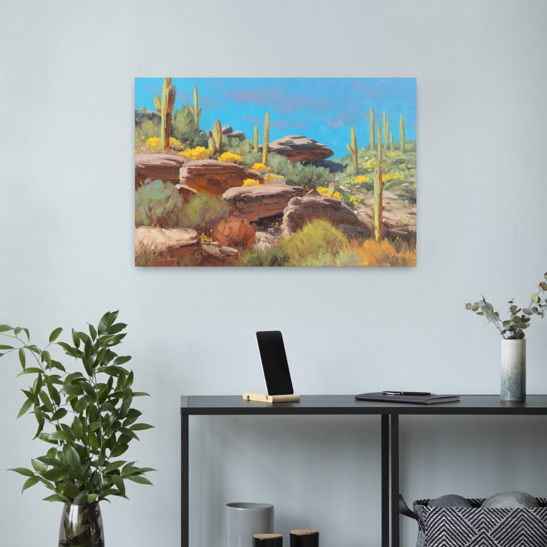 Desert Blooming Scene Colorful Serene Vibrant Cactus Landscape Nature Wall Art Print