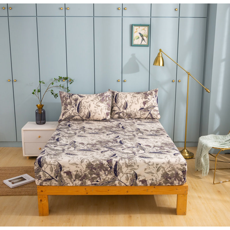 Polyester Machine Printed Floral Fitted Sheet, King Fitted Sheet with Pillowcase