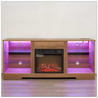Ce meuble télé avec lumières DEL, tablettes réglables en verre et charge USB moderne convient à un téléviseur de 62 po ou moins
