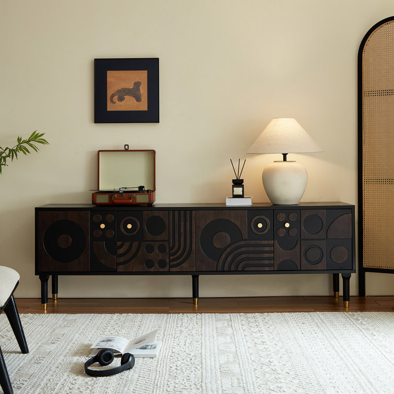 Mid-Century Modern TV Stand - Stylish Entertainment Center with 4 Storage Cabinets for TVs over 55 Inches，Black (Width: 66.9 inches)