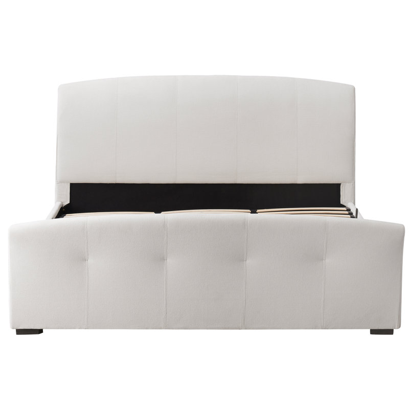 Lit-bateau tapissier classique avec rangement latéral surélevé, très grand lit, lin blanc, Blanc, Très grand lit