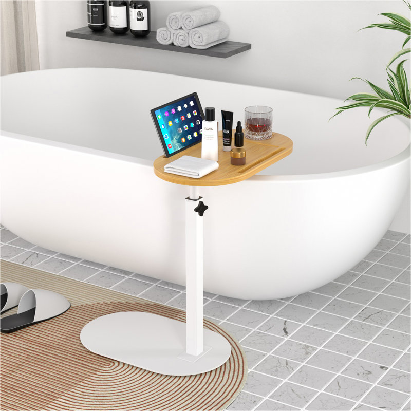 Forevich Bamboo Bathtub Tray Table Bath Side Table With Metal Base