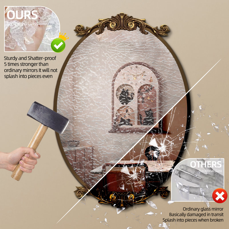 Miroir ovale en verre trempé Lunara, Doré, 39,8 po x 28,3 po