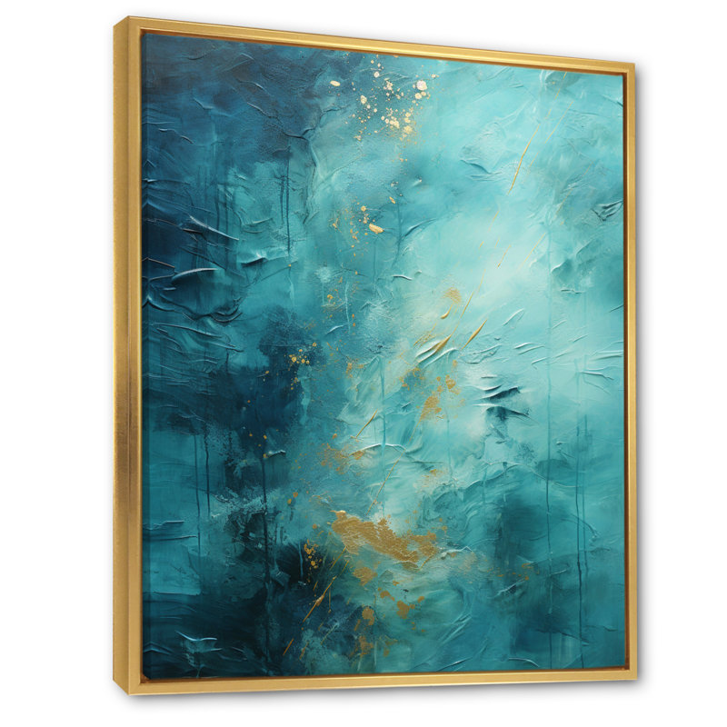 Fibbie turquoise Tranquility I - paysages abstraits, art mural, Cadre flottant doré, H 32 po x l 16 po x P 1 po