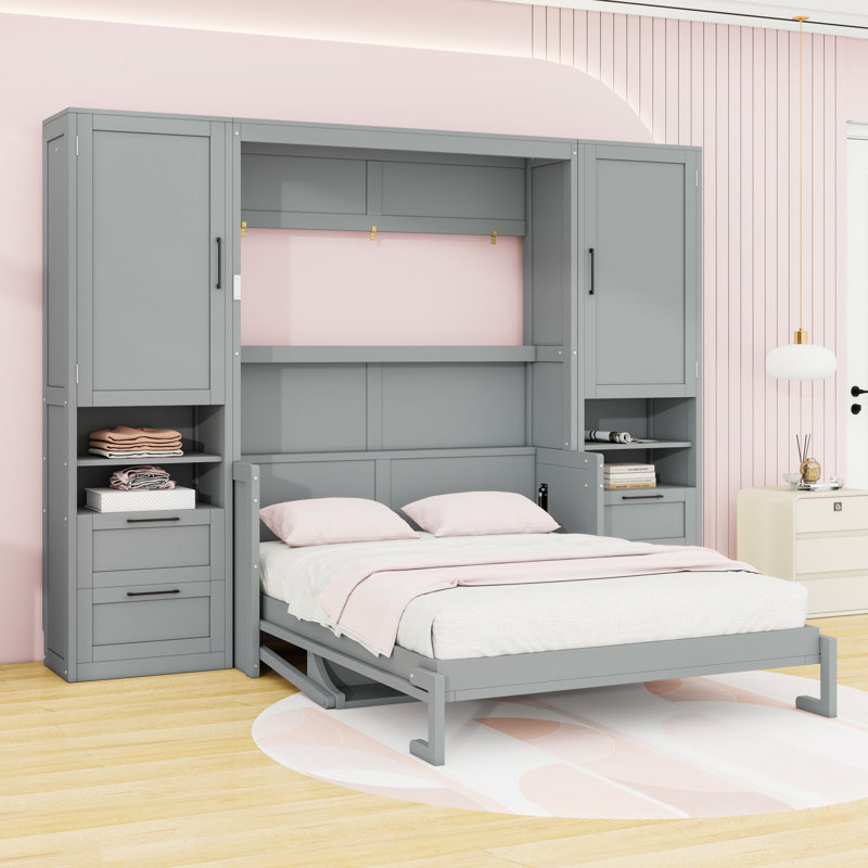 Lit escamotable double avec placard, tiroirs et tablettes, gris