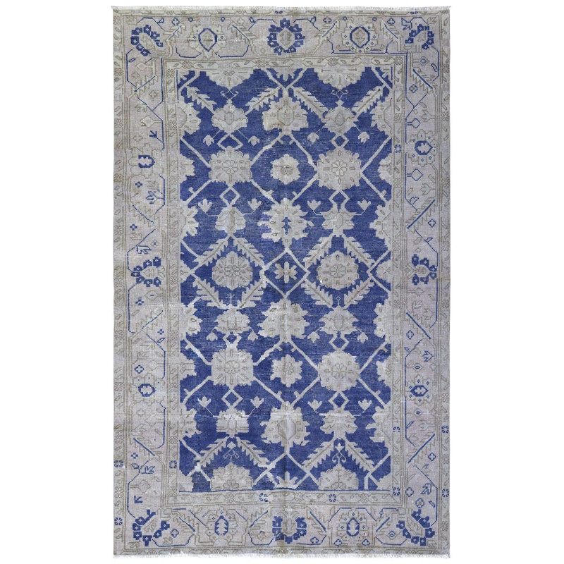 Tapis unique bleu royal / mauve de 5 pi 9 po x 8 pi 11 po des années 1920
