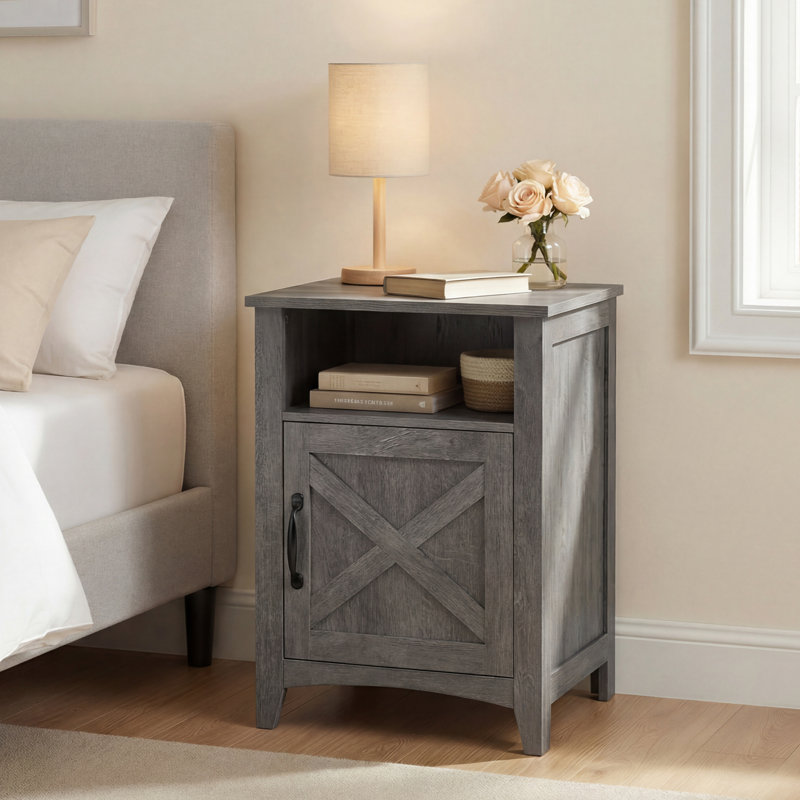Bauman 18" W Farmhouse Nightstand with Storage Cabinet and Open Shelf, Misty Gray, Individual