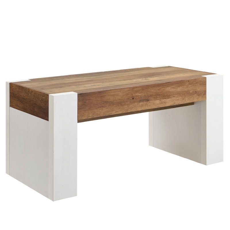 48" Modern Farmhouse Coffee Table With Hidden Storage Drawer,wood Thick Design For Living Room, Brown, White Wood