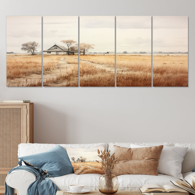 «Country House In Autumn Wheatfield I», art mural paysage sur toile 5 pièces, H 28 po x l 60 po