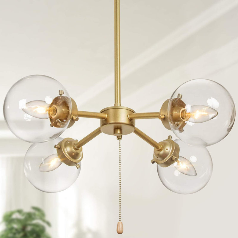 Modern Gold Globe Chandelier With Pull Chain Switch, 4-Light Semi Flush Mount Ceiling Light With Clear Glass Shades For Dining Room & Kitchen