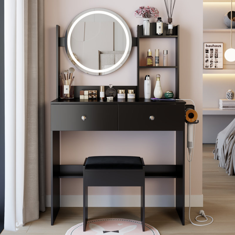 LED Vanity Table Set / Cushioned Stool Round Touch Mirror,Power Outlets & Multi-Layer Storage, Black