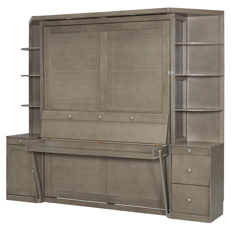Grand lit escamotable avec bureau, tablettes et armoires de rangement, lit escamotable mural pour bureau à domicile peu encombrant, gris clair