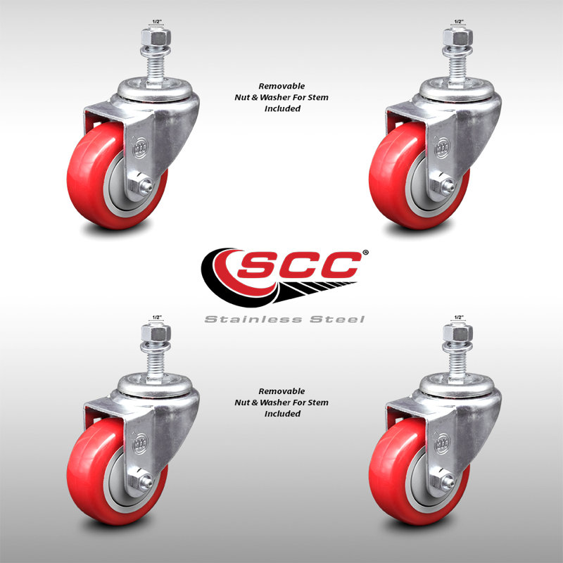 3.5 Inch SS Polyurethane Wheel Swivel ½ Inch Threaded Stem Caster Set SCC, Red