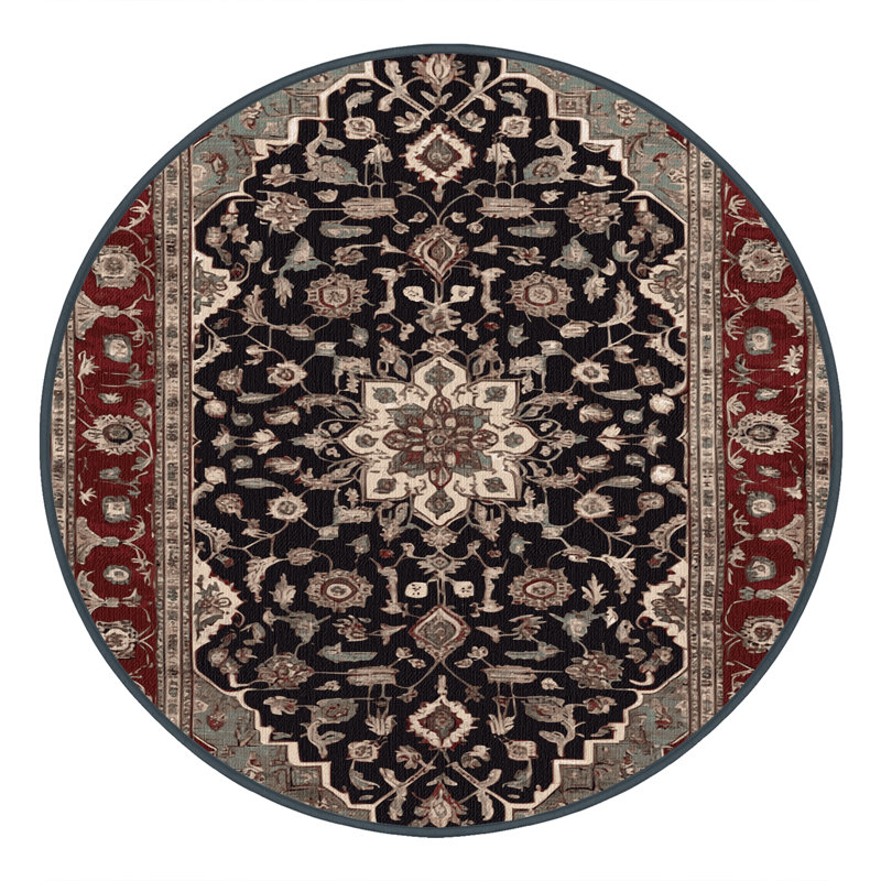 Machine Washable Persian Black Area Rug, Round 6'