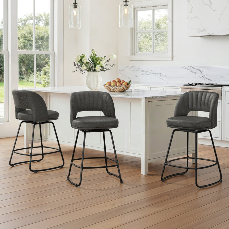 26''H Swivel Barstools With Metal Legs, Gray, 3