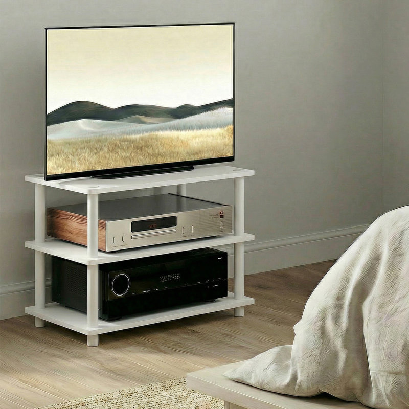 Taten TV Stand, 3-Tier Corner Entertainment Center with Open Shelves, Toolless TV Console for TV up to 32 Inch, Open Back, Easy Assembly, for Living Room, Bedroom, White