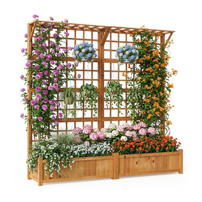 71" Raised Garden Bed with Trellis, Wood Planter Container with Hanging Roof & Garden Boxes, Outdoor Planter Box with Drainage Holes for Climbing Plants Flowers Vine