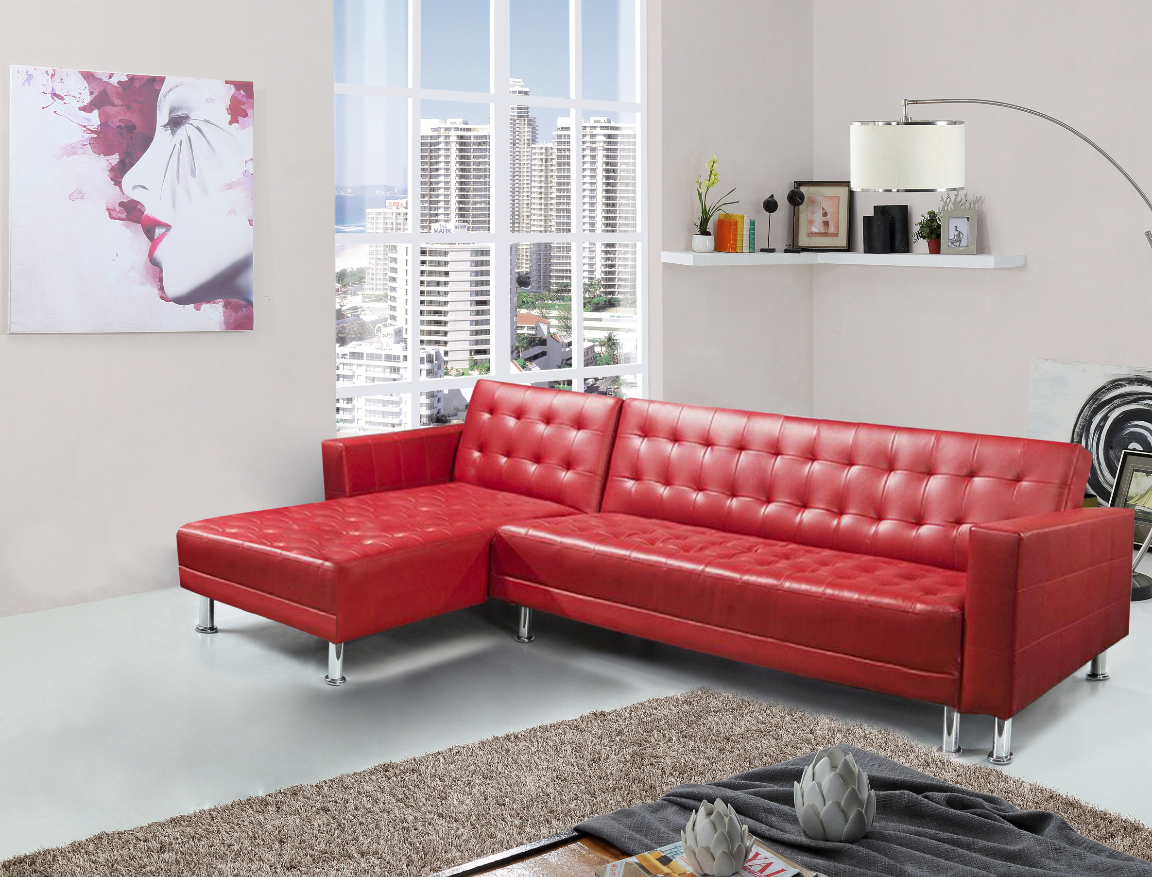 Red faux deals leather sectional sofa