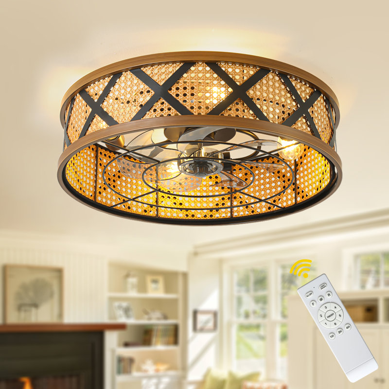 Ventilateur de plafond encastré de style ferme de 23 pouces avec lumière et télécommande, moteur à courant continu réversible, ventilateur à tambour sans pales