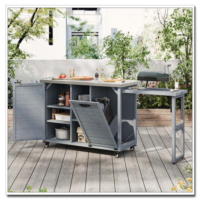 78.3" Outdoor Kitchen Island with Foldable Grill Table and Hidden Trash Cabinet, Gray/Blue