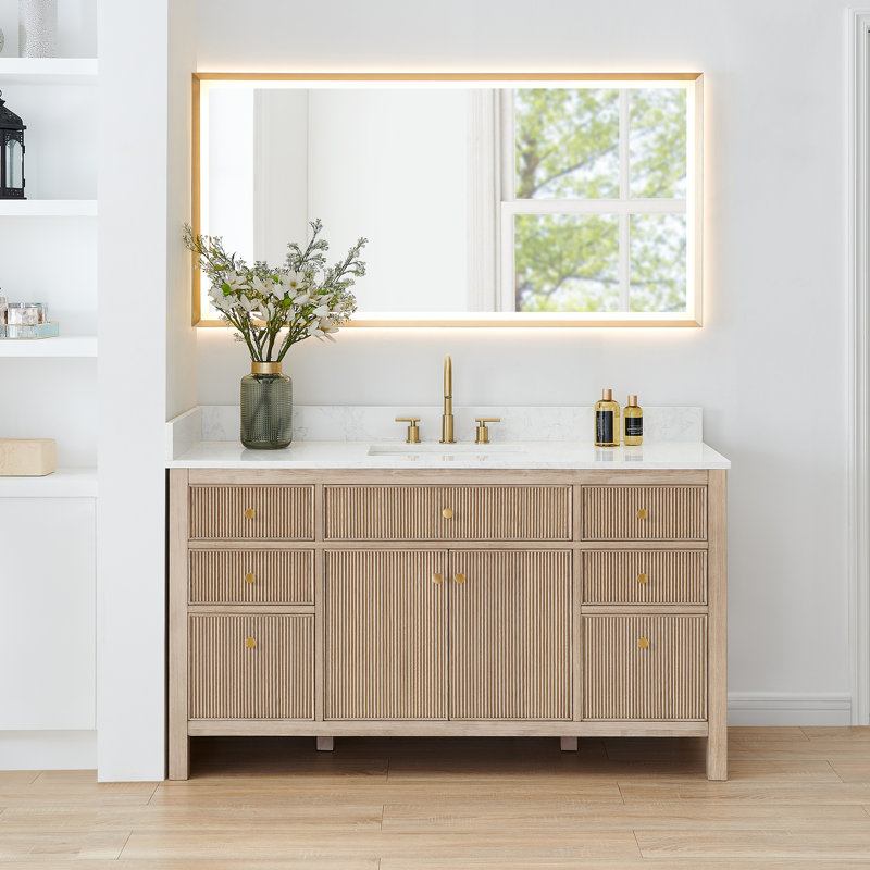 Lala 60" Single Bathroom Vanity with Grain White Engineered Stone Countertop with Mirror, Nature Oak