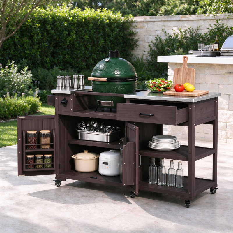 Chariot de barbecue extérieur en bois massif de 55,4 po avec plateau en acier inoxydable, étagère à épices, tiroir, étagères réglables et porte
