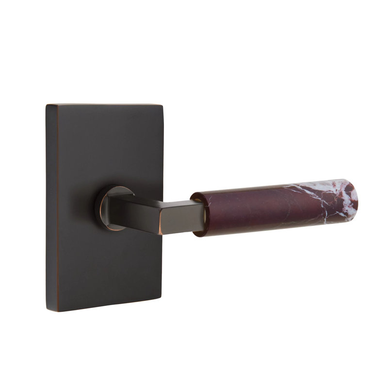 Ensemble de leviers d'intimité Emtek Select avec rosette rectangulaire et tige carrée en L, levier en marbre Rosso Levanto LH