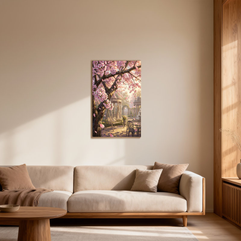 Scène de jardin avec balançoire et table Plantes et fleurs, H 24 po x l 36 po