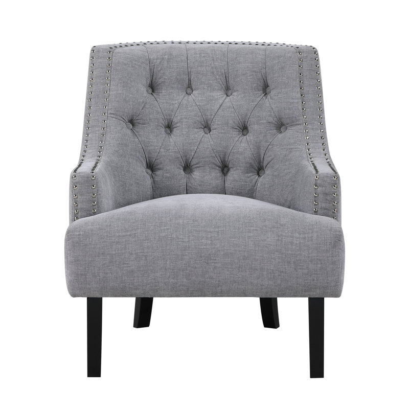 Chaise d'appoint à boutons en chenille grise pour meubles de salon élégants revêtus d'un dossier et d'une surface en bois massif