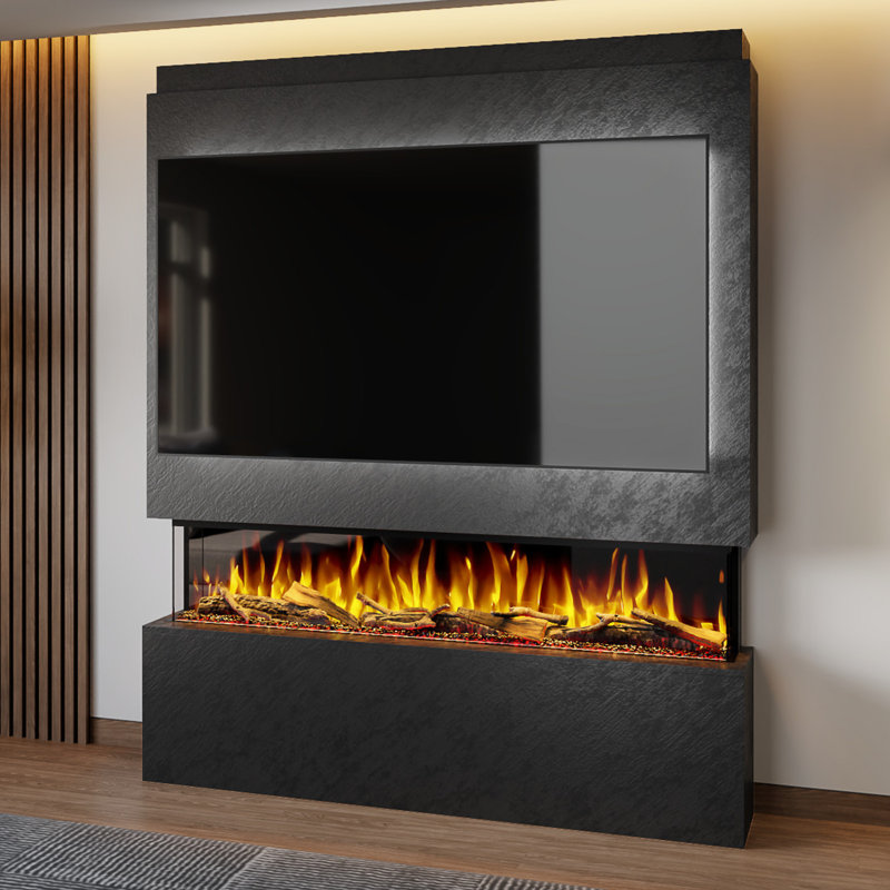 Evolution Fires Pre-Built Media Wall Package 20, finished in textured Venetian Plaster, includes Spectrum Series 60 Series 3-Sided Electric Fireplace