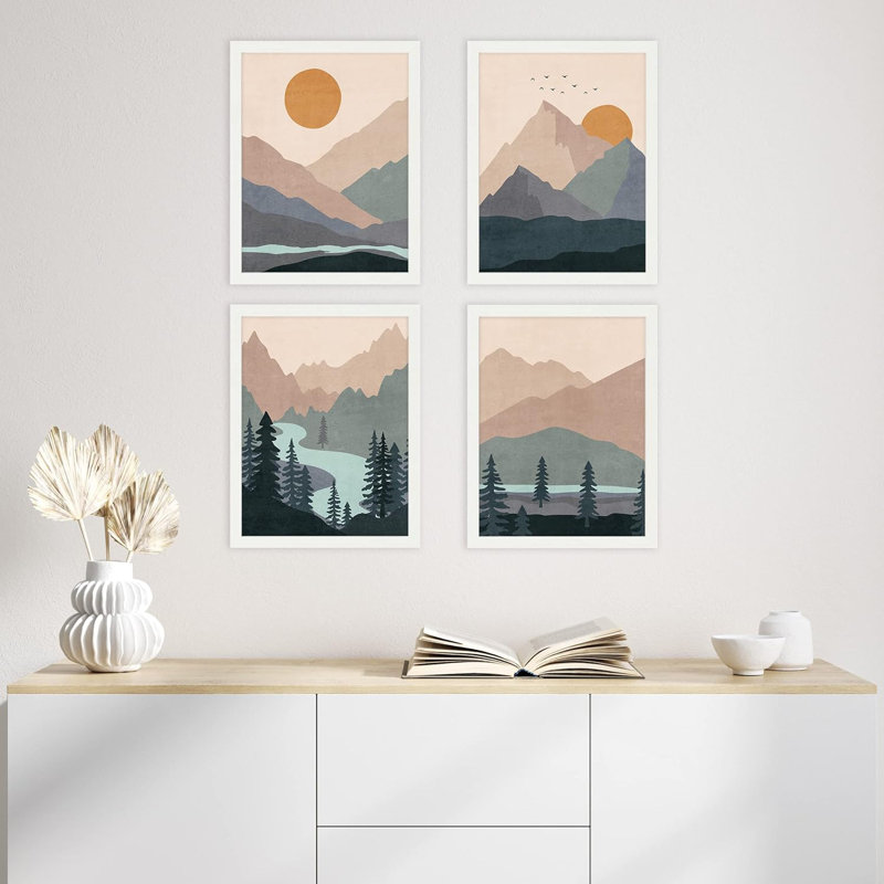 Ensemble de 4 impressions murales encadrées bleu sarcelle, forêt de rivière, paysage, encadrées sur papier, impression de 4 pièces