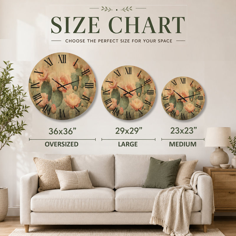 Grande horloge murale ronde en bois silencieux Cactus - Blush Desert Bloom, Large