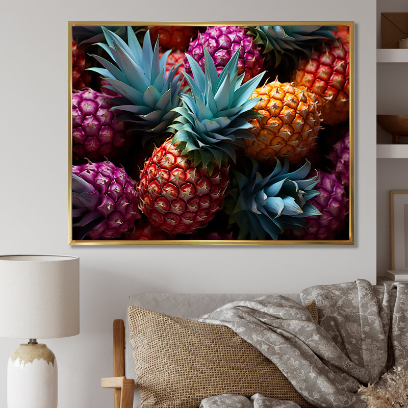 Nectar néon ananas III, H 16 po x l 32 po x P 1 po, Cadre flottant doré