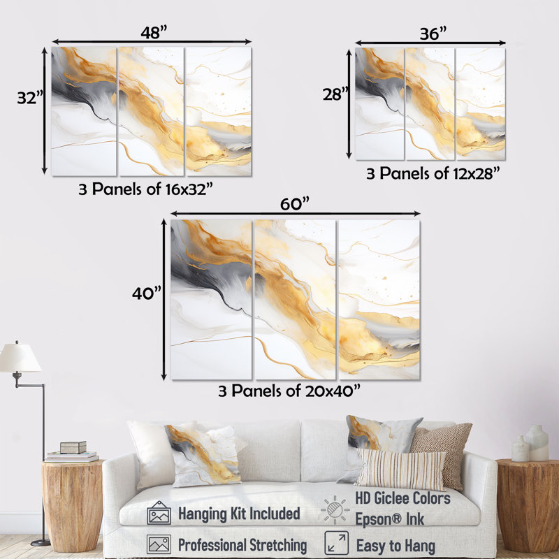 Agate Art, or, blanc, gris, ensemble de reproductions d'art mural en marbre, Toile tendue, H 28 po x l 36 po x P 1 po