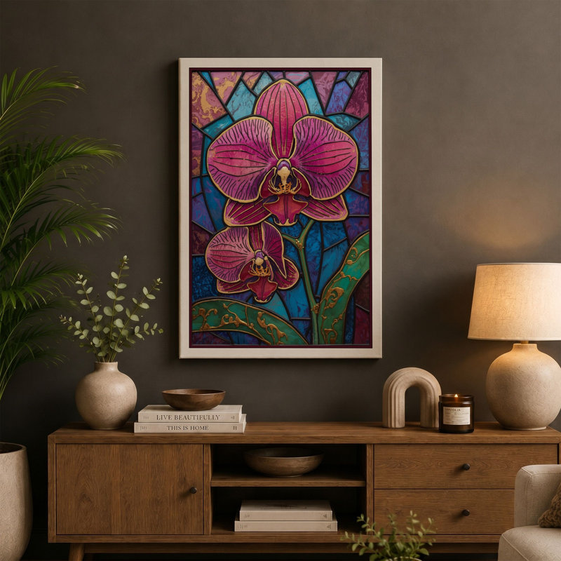 Stained Glass Orchids Botanical - Wrapped Canvas, 36x24 - 91.4 x 61.0 cm, Sage Border