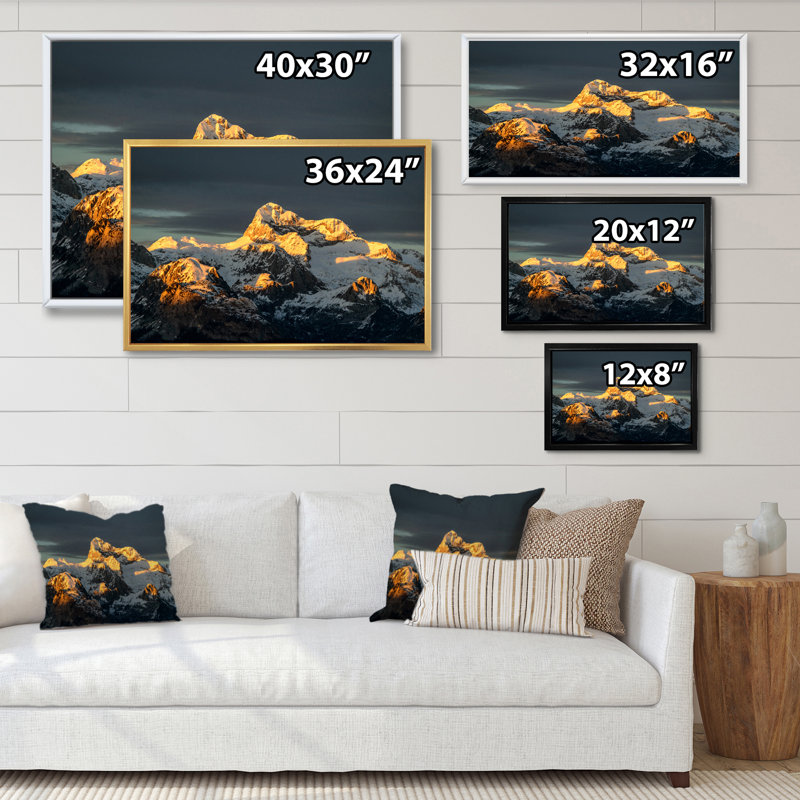 Coucher de soleil sur la montagne hivernale - reproduction d'art sur toile, H 12 po x l 20 po x P 1 po