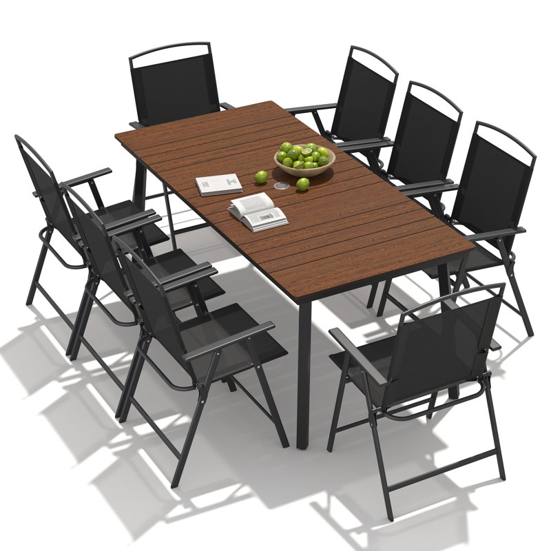  8 - Person Metal Patio Diining Set With Foldable Chairs And Umbrella Hole, Walnut, Black
