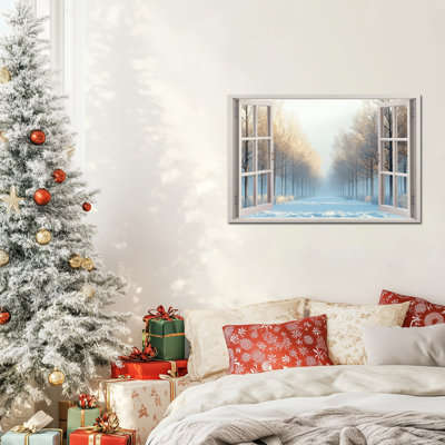 Art mural sur toile grande fenêtre hivernale, vue sur la forêt enneigée, fausses fenêtres, paysage d'hiver, impressions murales pour salon, bureau de chambre à coucher, 32 po x 48 po