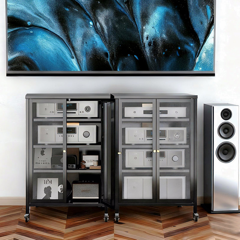 Armoire de rangement multimédia haute 35,8 po avec roulettes, meuble télé stéréo AV avec 4 tablettes et porte réglables en verre, structure en acier robuste pour le salon, assemblage facile